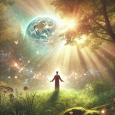A captivating photo symbolizing the positive energy of the universe. The image shows a person standing in a peaceful outdoor setting, arms gently